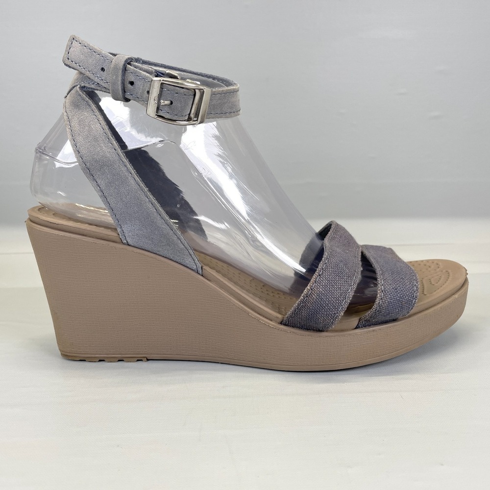 Crocs Leigh Wedge Sandals Womens Size 10 Blue Suede Ankle Strap Casual Shoes